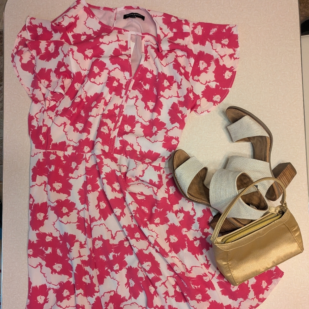 NWT Banana Republic Factory Pink Floral Flutter Sleeve Keyhole Neck A-Line Dress